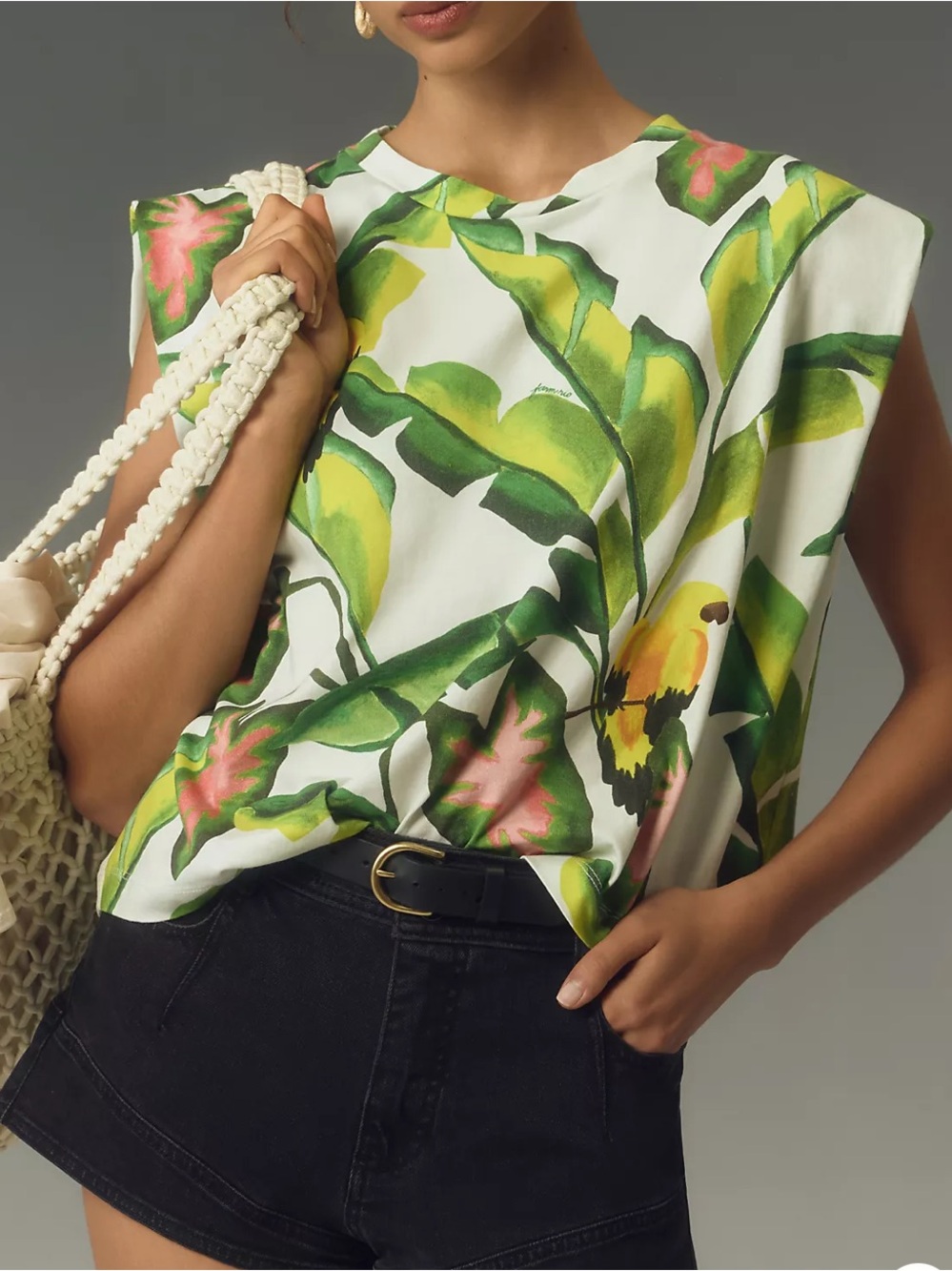 Farm Rio green white palm leave Summer Foliage Tee top size XS/S